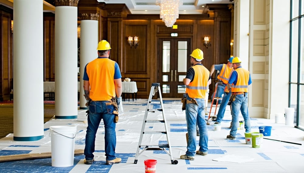 Professional commercial painters working on a hotel renovation project Professional commercial painters working on a hotel renovation project